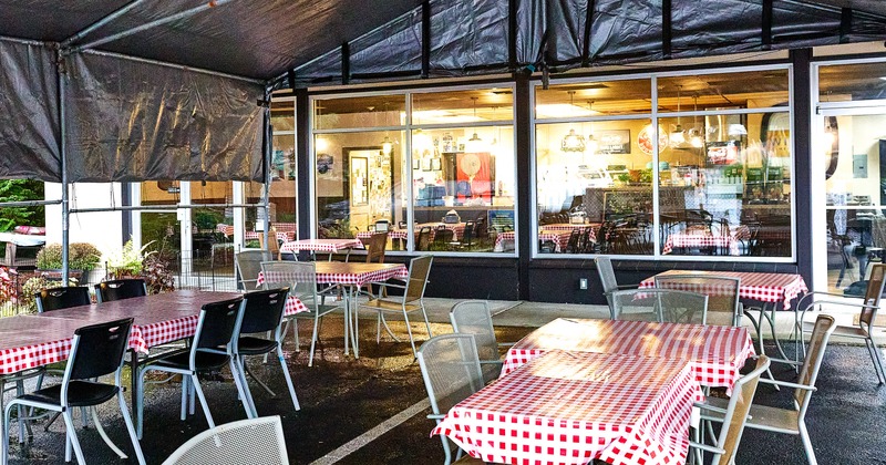 Exterior, tent diner area, tables, chairs