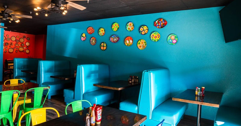 Interior, benches and tables by the wall