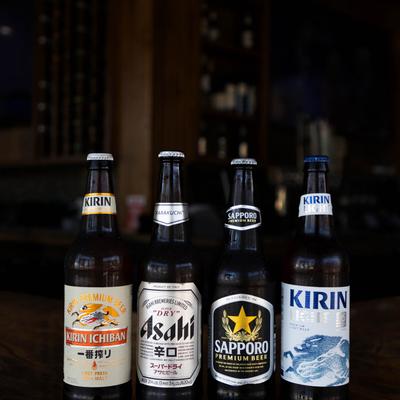 Assorted beer bottles.