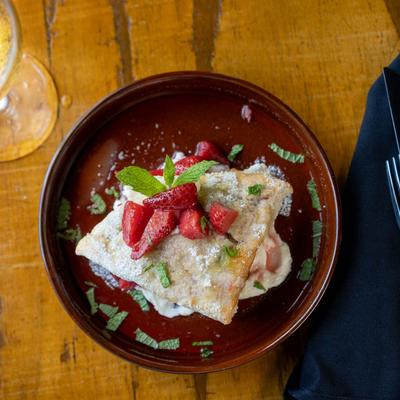 Strawberry shortcake, top view.