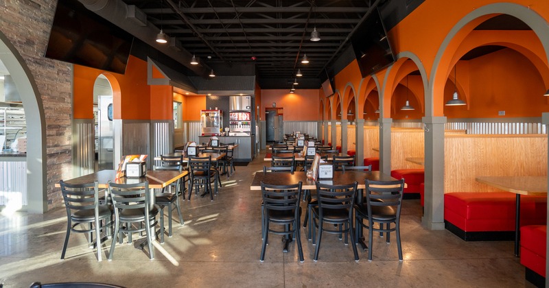 Interior, diner area, tables, chairs, booths