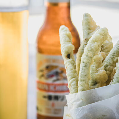 Pastry, glass of beer on top closeup