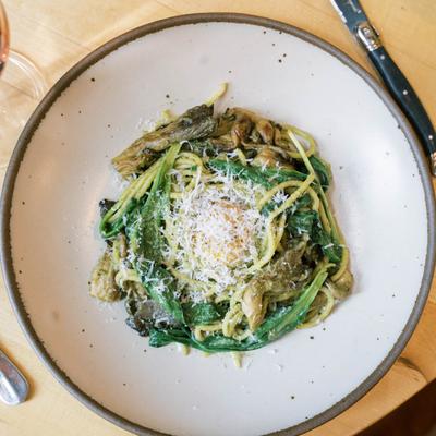 Spaghetti and Ramps pasta. At Table Asheville..