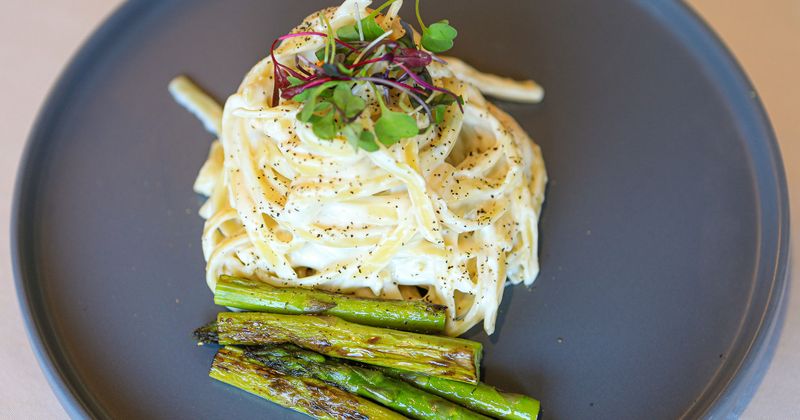 Pasta alla Romana, served with asparagus