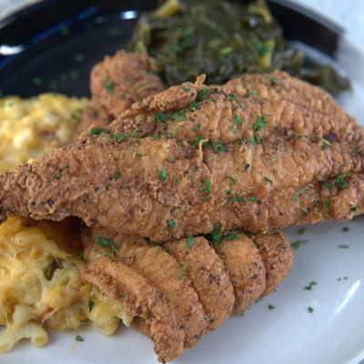 Fried Catfish with Four cheese Mac & Cheese and fresh Collard Greens..