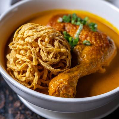Stewed chicken leg, with egg noodles.