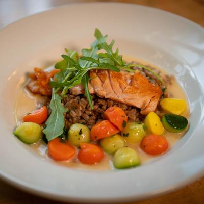 Seared Chilean Salmon, Herbed Jasmine Rice, veggies.