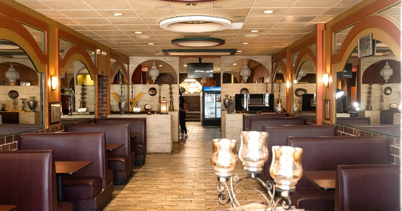 Interior, a dining tables and boots ready for guests