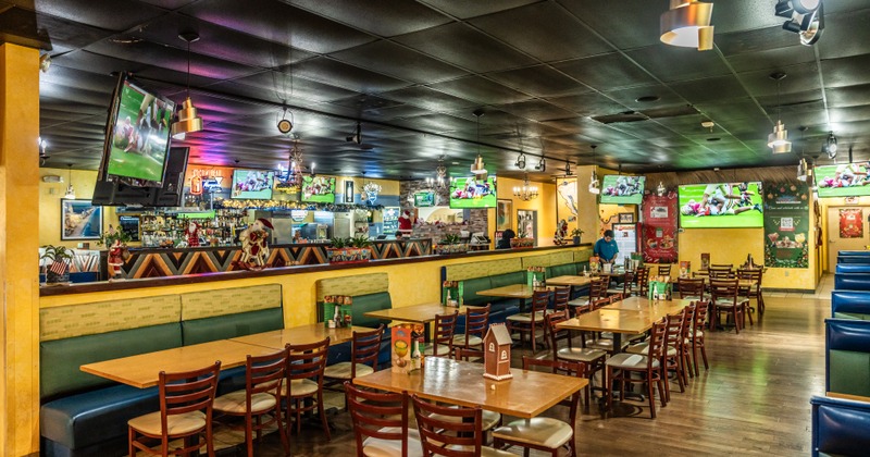 Restaurant interior, dining area and bar area