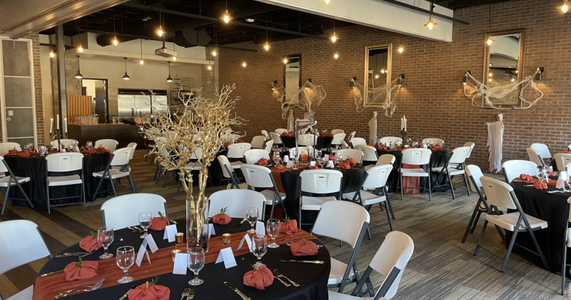 Interior, tables, chairs, upholstered benches, lights, LED screens