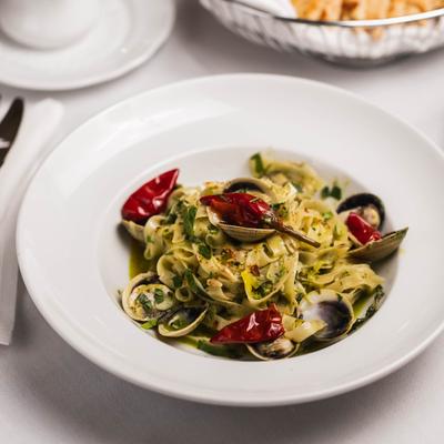Linguine pasta with clams and Calabrian chilis.