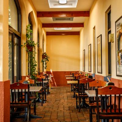 Empty cafe corridor with tables, chairs, and plants in wall-mounted planters.