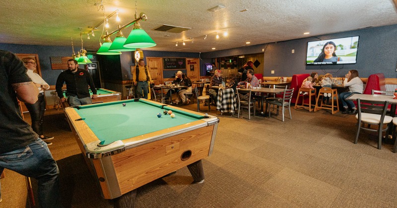 Interior, pool tables and seating area