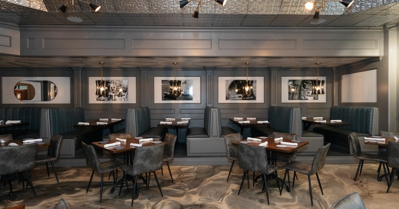 Interior, diner room, tables, chairs, booths behind