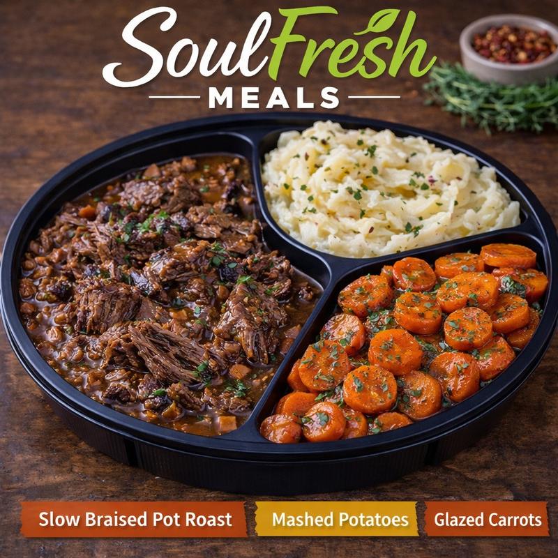 menu item 18 of 43, Slow Braised Pot Roast | Mashed Potatoes | Glazed Carrots