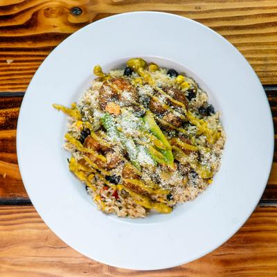 Shrimp Bowl with rice, corn, beans, onions, peppers, avocado, cheese and  jalapeno ranch.