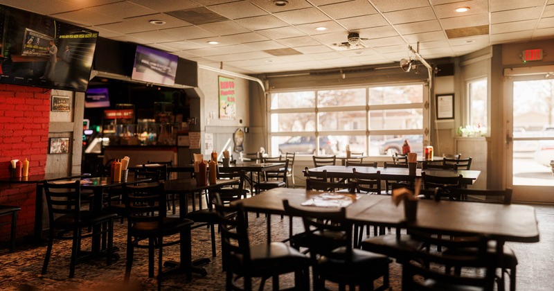 Interior, dining area, entrance, shop window, tables with chairs for eight, four and two