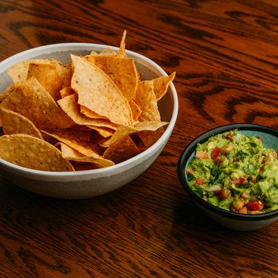 Guacamole and tortilla chips.