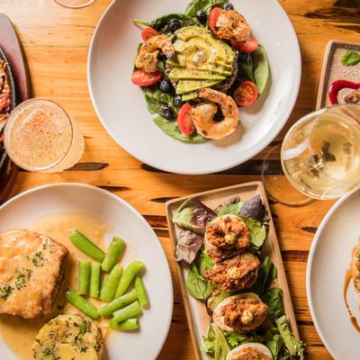 Various dishes served on table, top view