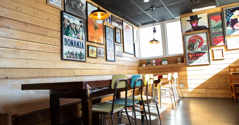 One long table and decorations on the walls