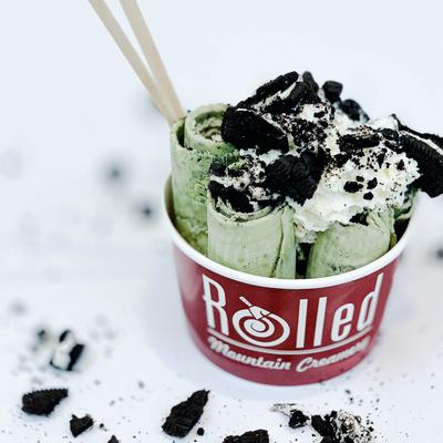 Mint ice cream topped with cookie crumbs in a red cup.
