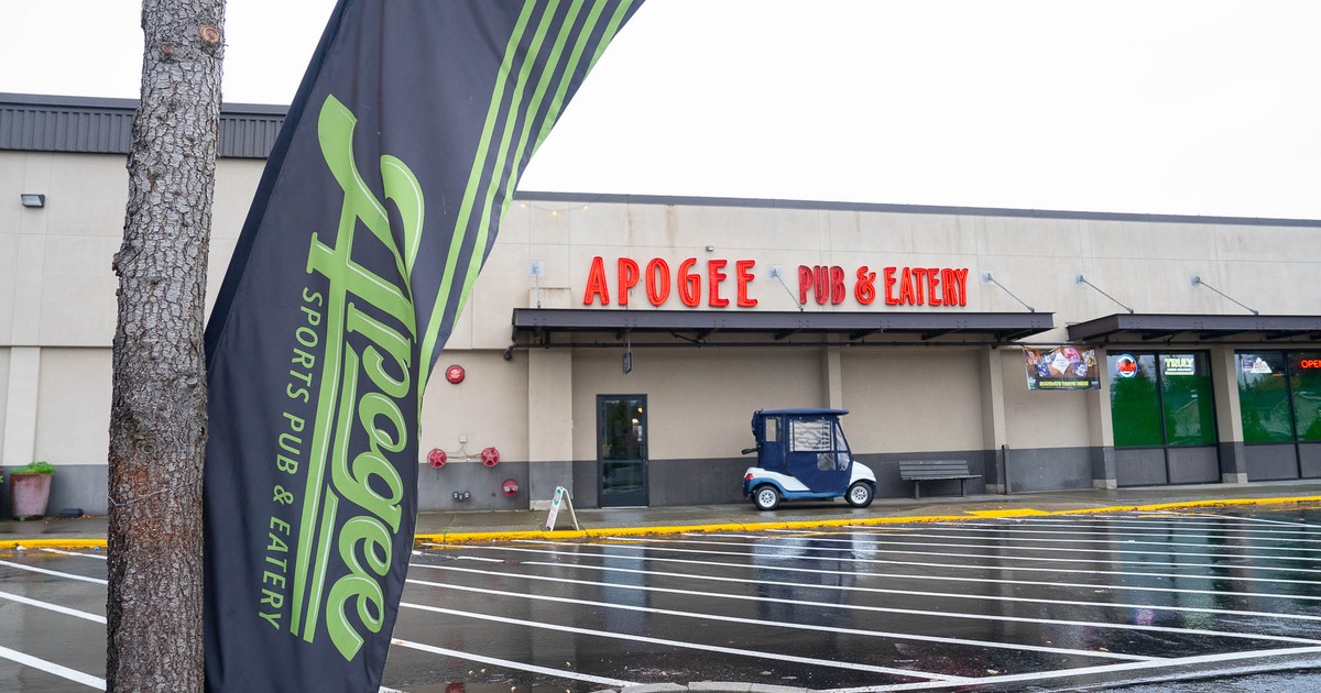 Apogee Pub and Eatery exterior on a rainy day