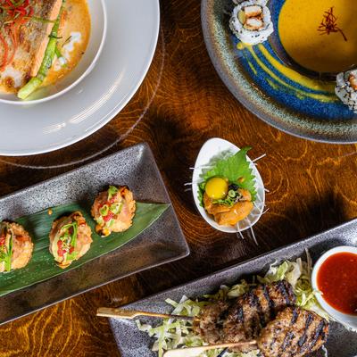 Food on table, top view.