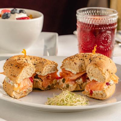 Smoked Salmon Bagel, with cream cheese, red onion, roasted red peppers, and capers.