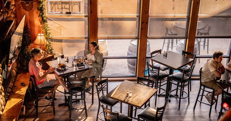 Interior, seating area with bar stools
