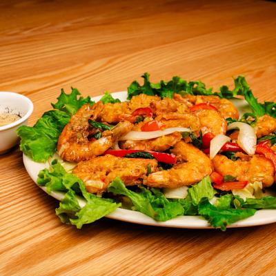 Salt and Pepper Shrimp plate served with lemon dipping sauce.