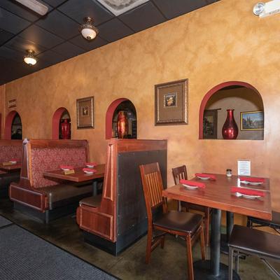 Interior, seating area with booths.
