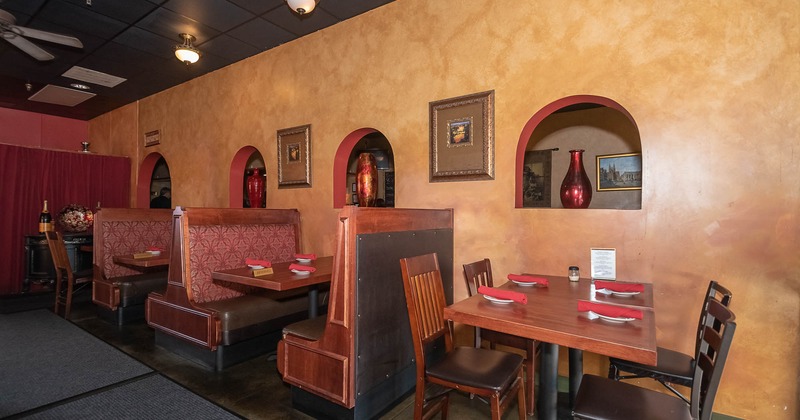 Interior, dining area, tables, chairs and booths