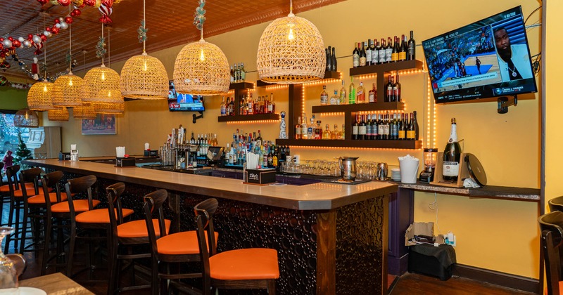 Interior, bar area, bar and bar stools