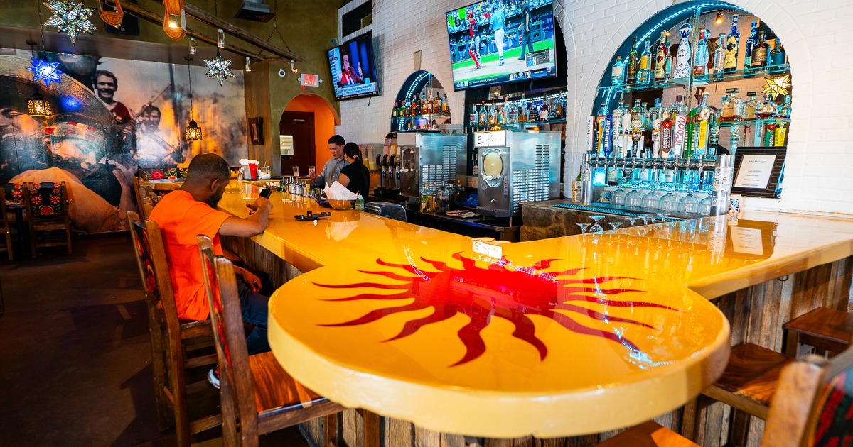 Interior, round table, diner area, stools