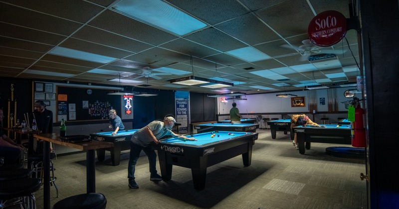 Interior, pool room, pool tables