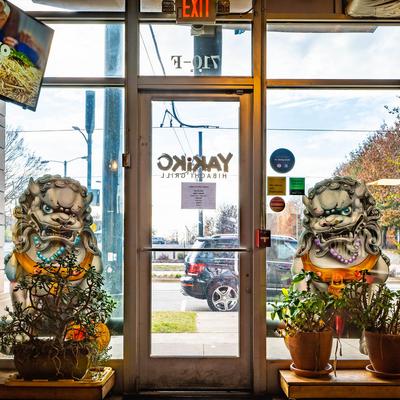 Interior, plant pots on the sides of the exit door with window graphics