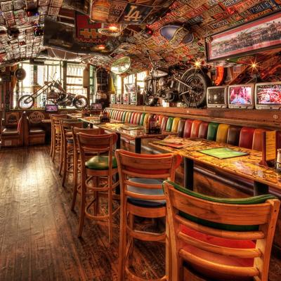 Bar tables, multi colored chairs