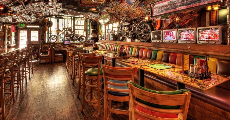Bar tables, multi colored chairs
