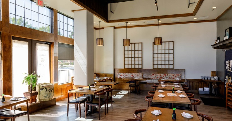 Interior, set tables in dining area