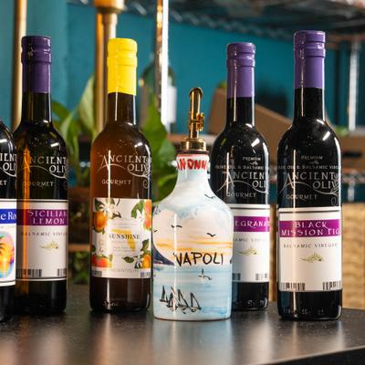 Bottles of olive oil and balsamic vinegar.