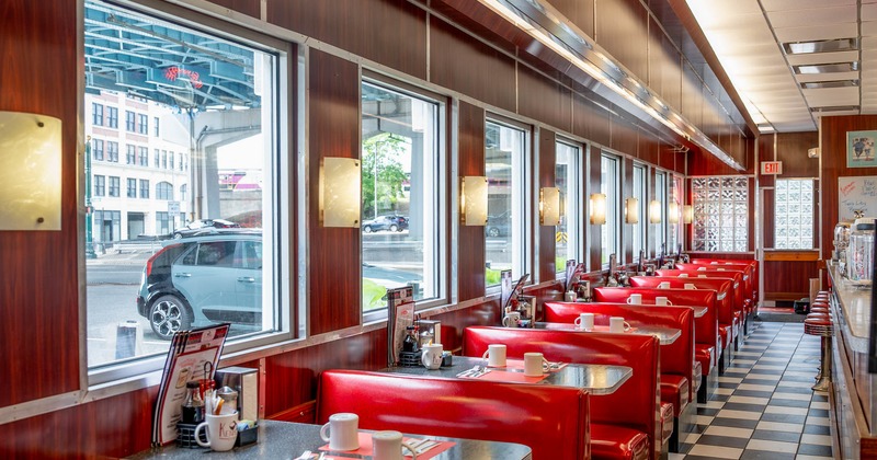 Interior, seating booths lined up