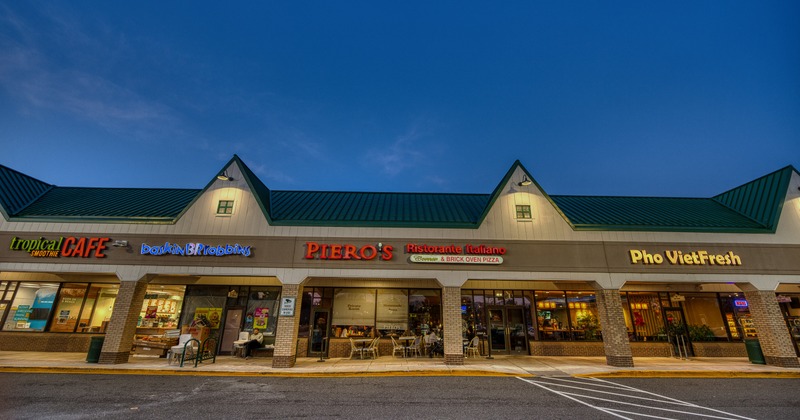 Exterior, front view to restaurant, parking lot