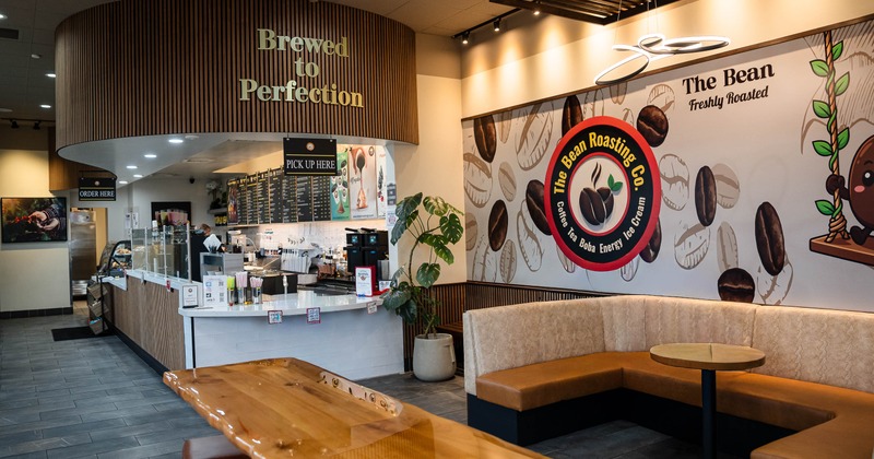 Interior, wooden table with counter in the back