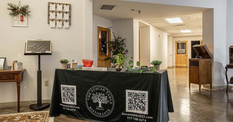 Interior, dining area with tables and chairs near wall