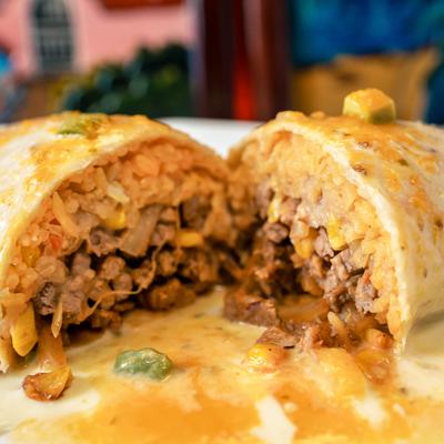 Diablo Burrito sliced in half.