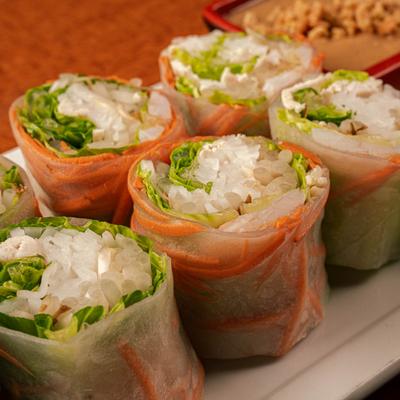 Spring Rolls, with lettuce, carrots, bean sprouts, Thai herbs, rice noodles, chicken and shrimp.