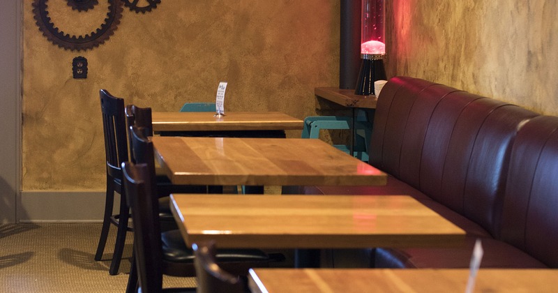 Interior, lined up tables and seating