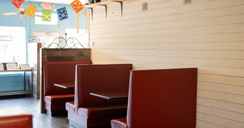 Interior space, red seating booths