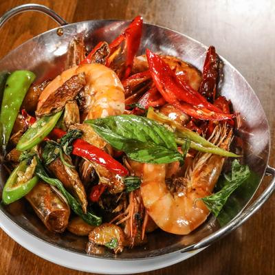 Spicy Whole Shrimp with Basil.