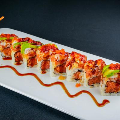 Sushi rolls with spicy tuna, tempura flakes, lobster tail tempura, and avocado.